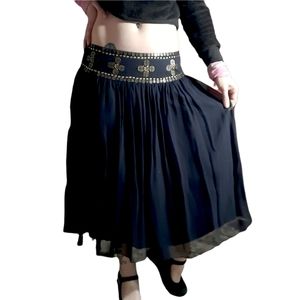 Vintage Layered Flowy Silk Skirt with Gold & Pewter colored Tokens and beads